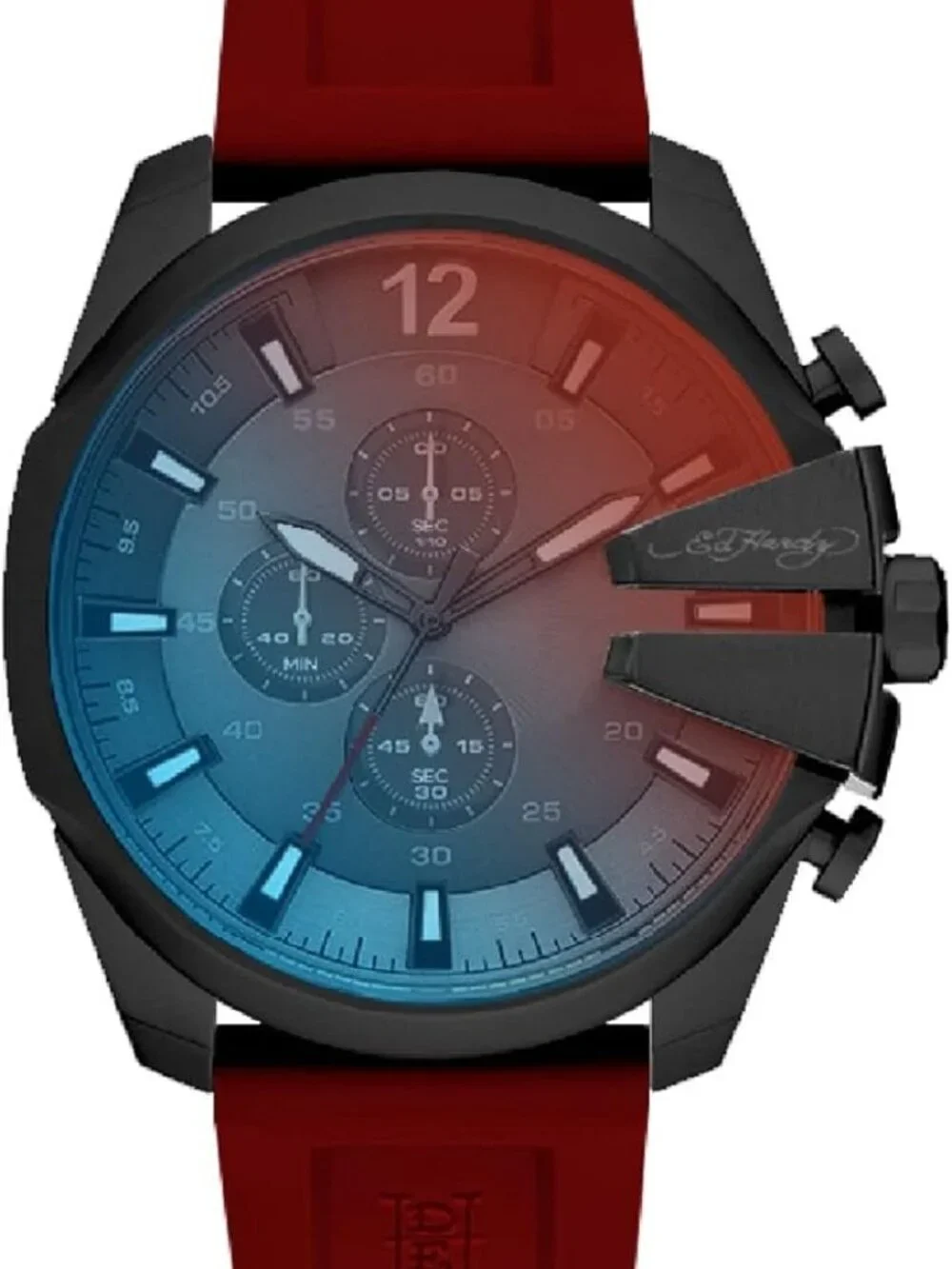 Ed Hardy Men's Red Silicone Strap Watch Blue Amber Glass Dial Quartz